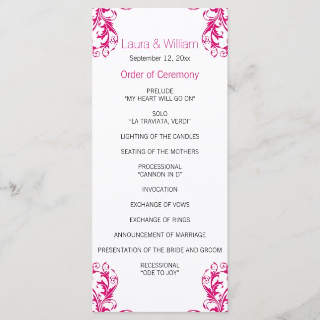 Fuchsia Rosa Damask Wedding Program (Framsida)