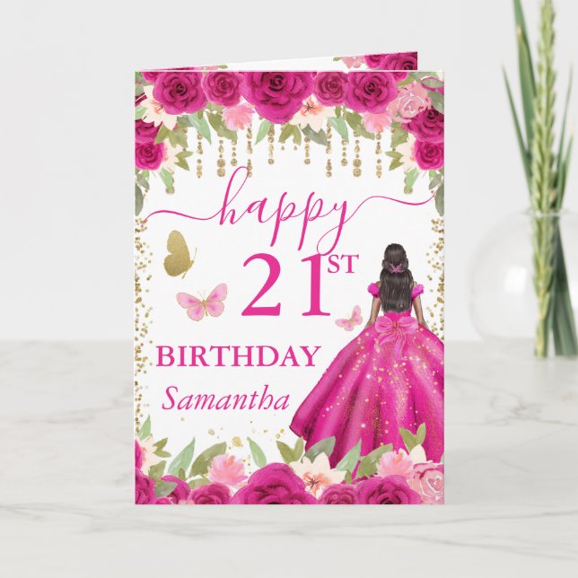 Fuchsia Rosa Dress Mörk Skin Princess Birthday Kort (Framsida)
