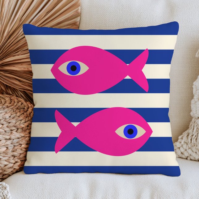 Fuchsia Rosa Fisk på Blå Ränder Modern Marin  Kudde (Skapare uppladdad)
