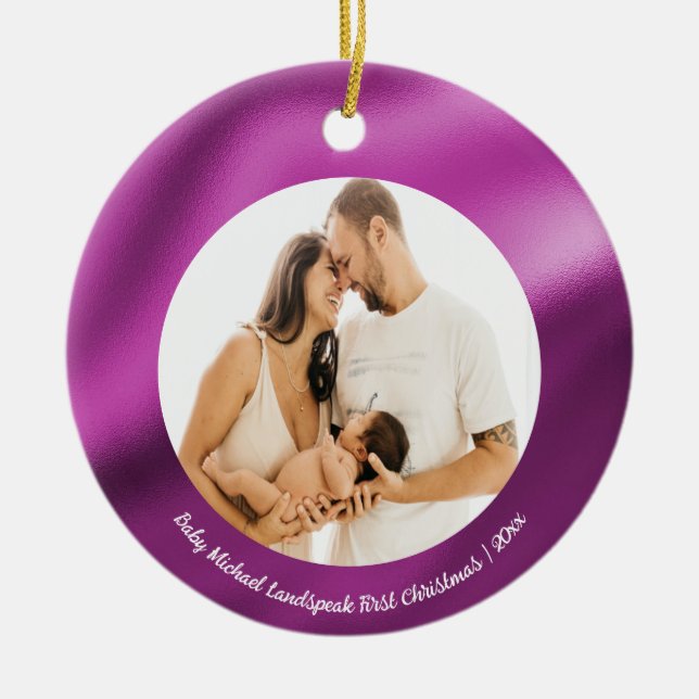 Fuchsia Rosa Foil, Baby 1:a julen Julgransprydnad Keramik (Framsidan)