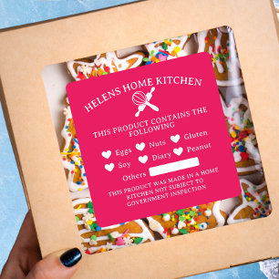 Fuchsia Rosa Food Allergy Alert Bakery Sticker Fyrkantigt Klistermärke