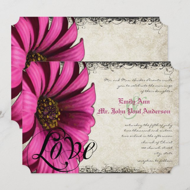 Fuchsia Rosa Gerber Daisy Bröllop Inbjudningar (Fram/baksida)