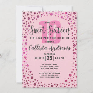 Fuchsia Rosa Glitter Confetti Gräns Sweet 16 Inbjudningar