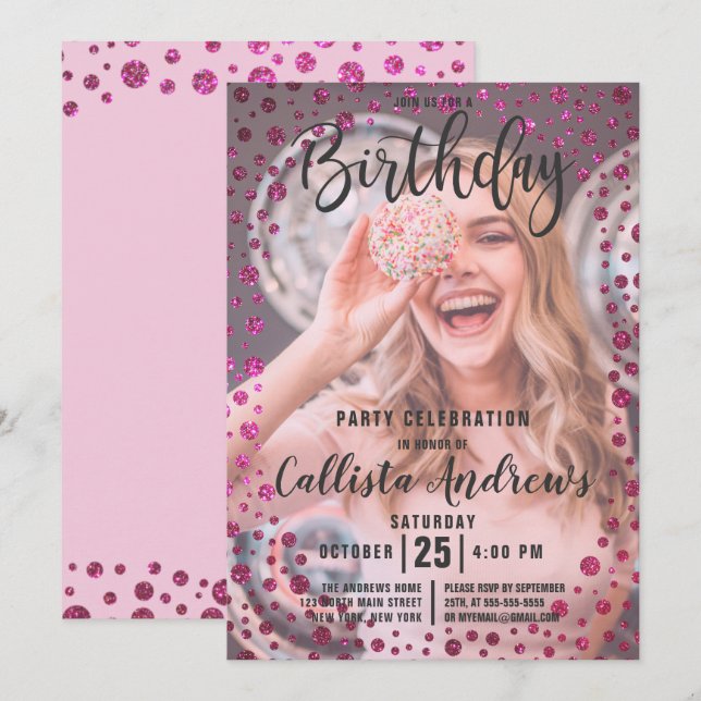 Fuchsia Rosa Glitter Confetti Photo Birthday Inbjudningar (Fram/baksida)