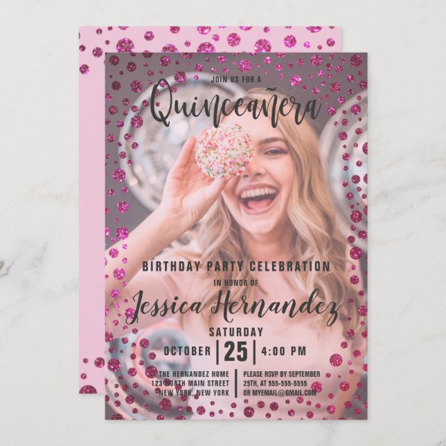 Fuchsia Rosa Glitter Confetti Photo Quinceañera Inbjudningar (Fram/baksida)
