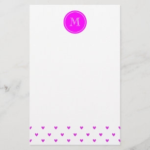 Fuchsia Rosa Glitter Hearts med Monogram Brevpapper