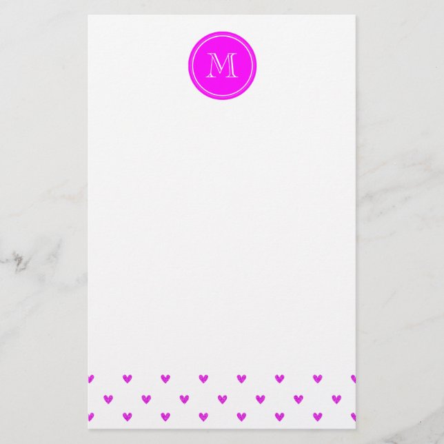 Fuchsia Rosa Glitter Hearts med Monogram Brevpapper (Framsida)