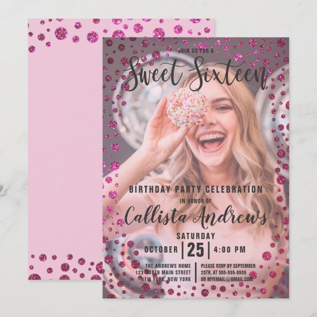 Fuchsia Rosa Glitter Konfetti Foto Sweet 16 Inbjudningar (Fram/baksida)
