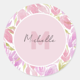 Fuchsia Rosa Gröna Akvarell Blommor Monogram Runt Klistermärke