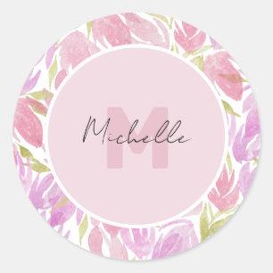 Fuchsia Rosa Grönt Watercolor Flowers Monogram Runt Klistermärke