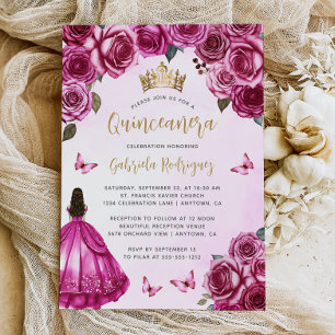 Fuchsia Rosa Guld Blommig Akvarell Quinceañera Inbjudningar