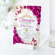 Fuchsia Rosa Guld Blommig Quinceanera