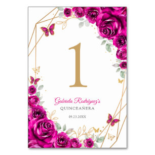 Fuchsia Rosa Guld Blommig Quinceanera Bordsnummer