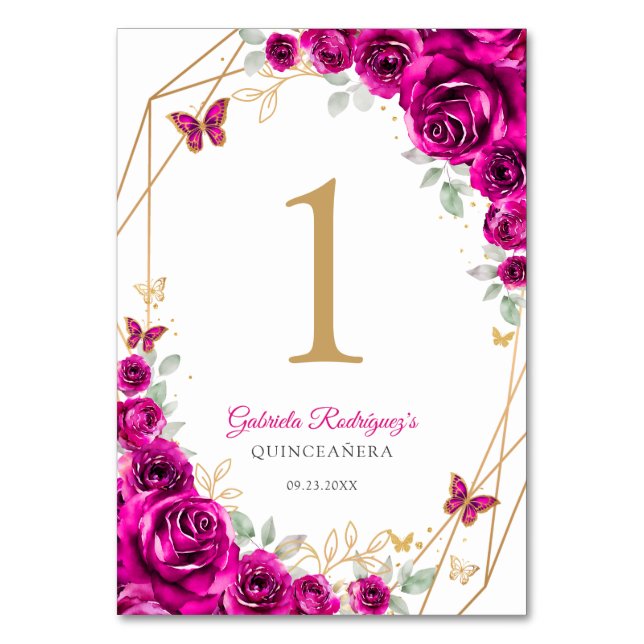 Fuchsia Rosa Guld Blommig Quinceanera Bordsnummer (Framsidan)