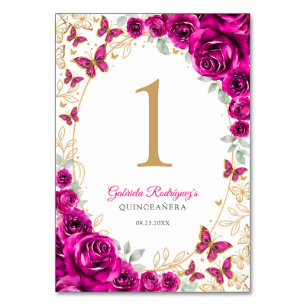 Fuchsia Rosa Guld Blommig Quinceanera Bordsnummer