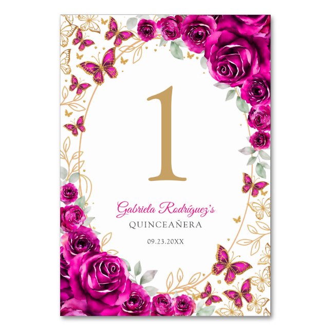 Fuchsia Rosa Guld Blommig Quinceanera Bordsnummer (Framsidan)