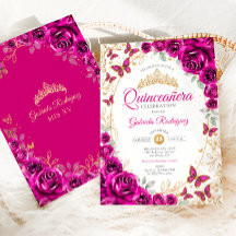Fuchsia Rosa Guld Blommig Quinceanera