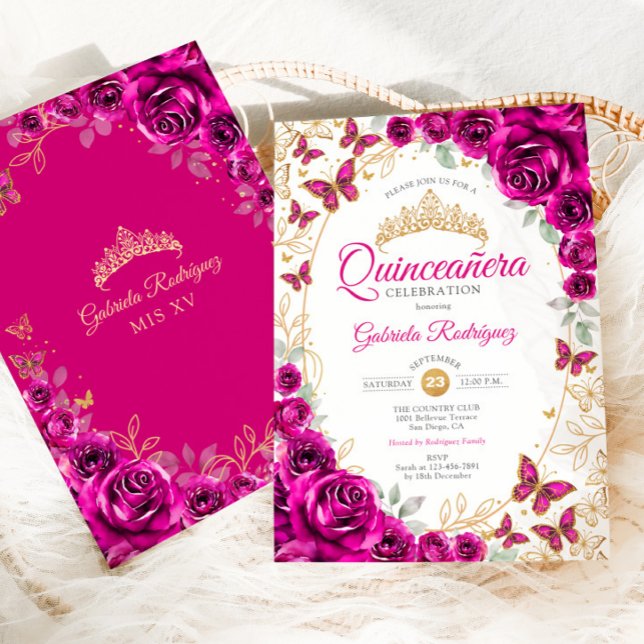 Fuchsia Rosa Guld Blommig Quinceanera Inbjudningar (Skapare uppladdad)