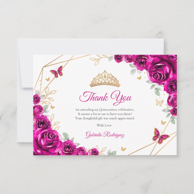 Fuchsia Rosa Guld Blommig Quinceanera Tack Kort (Framsida)