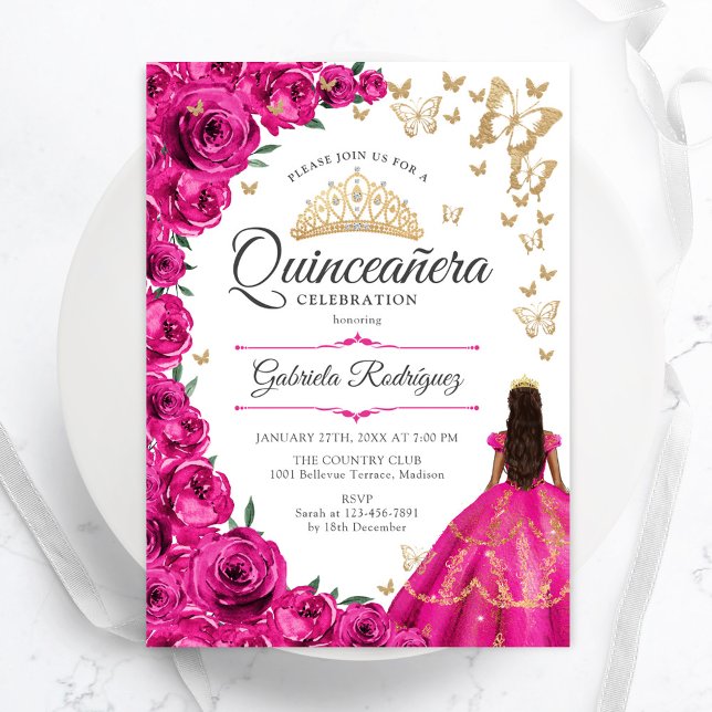Fuchsia Rosa Guld Blommigt Quinceanera Inbjudningar (Skapare uppladdad)