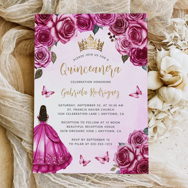 Fuchsia Rosa Guld Blommigt Watercolor Quinceañera Inbjudningar (Skapare uppladdad)