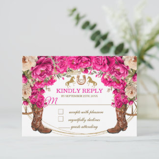 Fuchsia Rosa Guld Cowboy Stövlar Quinceañera RSVP Anteckningskort