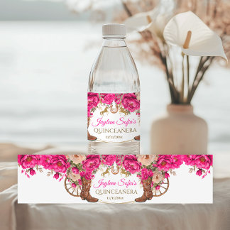Fuchsia Rosa Guld Cowboy Stövlar Quinceañera Vattenflaskor Etikett