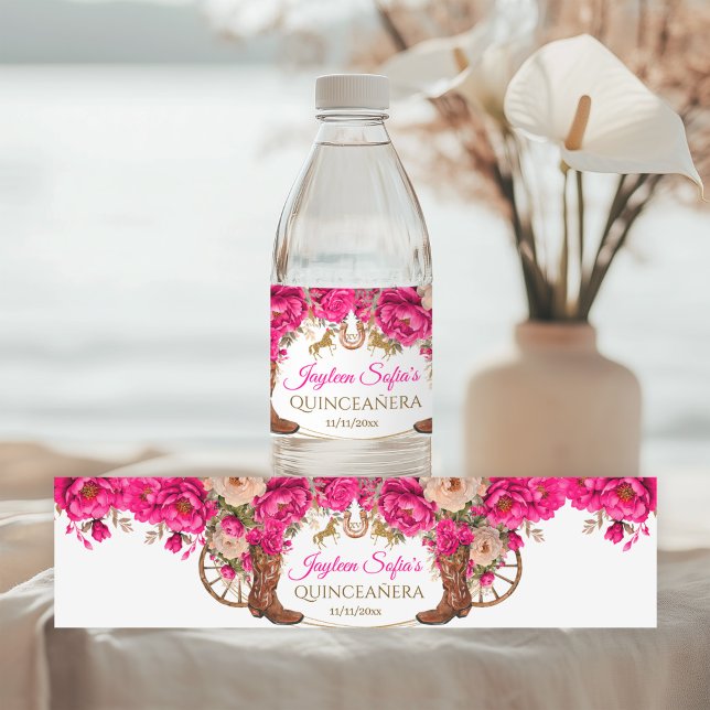 Fuchsia Rosa Guld Cowboy Stövlar Quinceañera Vattenflaskor Etikett (Skapare uppladdad)