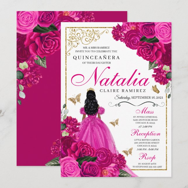 Fuchsia Rosa Guld Princess Butterflies Quinceañera Inbjudningar (Fram/baksida)