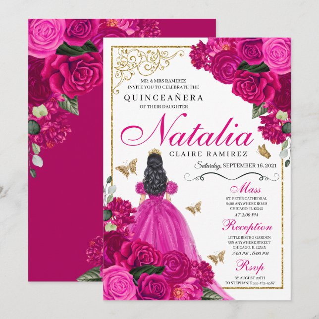 Fuchsia Rosa Guld Princess Butterflies Quinceañera Inbjudningar (Fram/baksida)