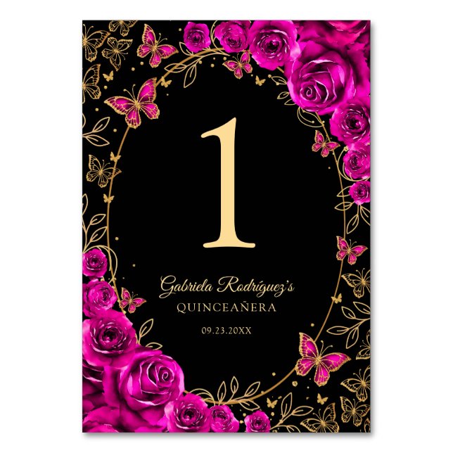 Fuchsia Rosa Guld Quinceanera Bordsnummer (Framsidan)