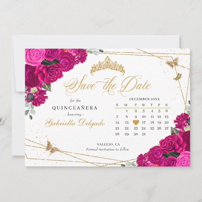 Fuchsia Rosa & Guld Quinceañera Spara datum Inbjudningar (Framsida)