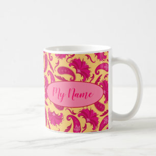 Fuchsia Rosa Gult Namn Personlig Paisley Kaffemugg