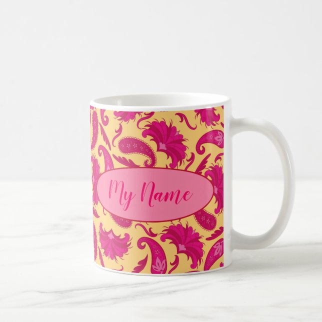 Fuchsia Rosa Gult Namn Personlig Paisley Kaffemugg (Höger)