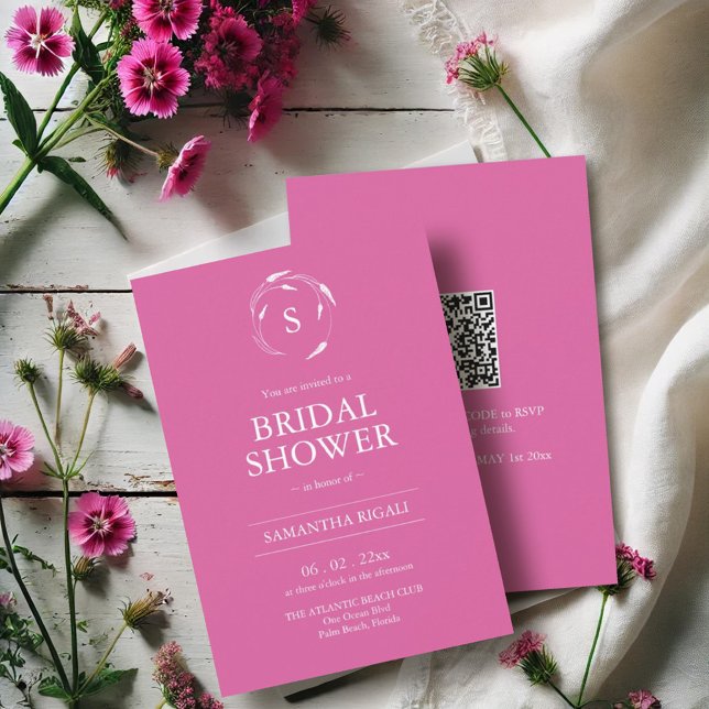 Fuchsia Rosa Inbjudningskort för möhippan med QR-k (Bridal shower invitations vibrant pink custom monogram. )
