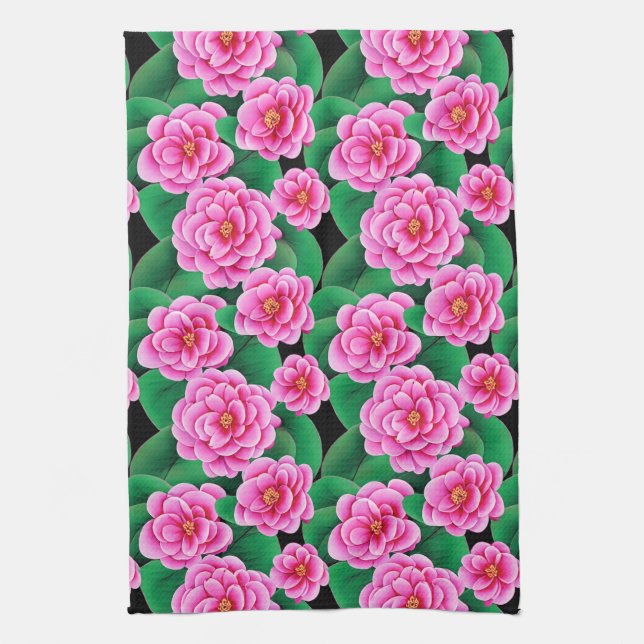 Fuchsia Rosa Kamelior och Jadegröna blad Kökshandduk (Vertikal)