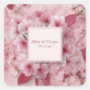 Fuchsia Rosa Körsbärsblom Rose Gold Bröllop Fyrkantigt Klistermärke