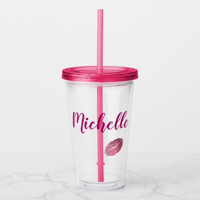 Fuchsia Rosa Läppar Take Away Mugg (Framsida)