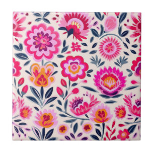 Fuchsia Rosa Mexican Flowers BOHO Chic Blommigt Kakelplatta