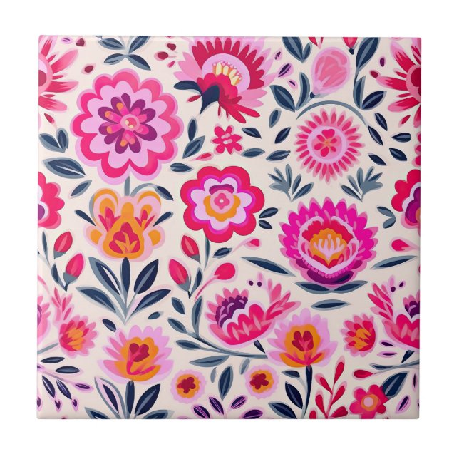 Fuchsia Rosa Mexican Flowers BOHO Chic Blommigt Kakelplatta (Framsidan)