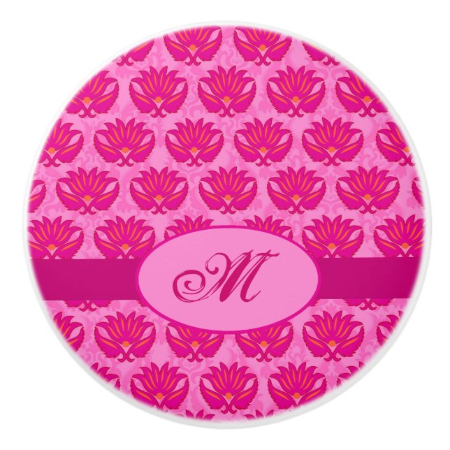 Fuchsia Rosa Modern Art nouveau Damask Monogram Knopp (Framsidan)