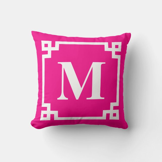 Fuchsia Rosa Modern grekiska Gräns Monogram Nyckel Kudde (Framsida)