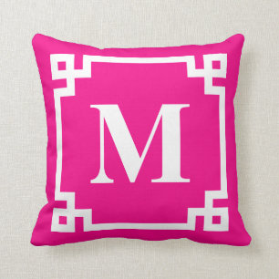 Fuchsia rosa modern Monogram för greknyckelgräns Kudde