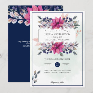 Fuchsia Rosa Navy Blue Blommigt Chic Bröllop Inbjudningar