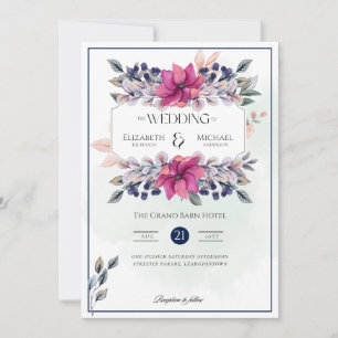 Fuchsia Rosa Navy Blue Blommigt Chic Bröllop Inbjudningar