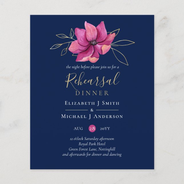 Fuchsia Rosa Navy Blue Rehearsal Dinner BUDGET (Framsida)