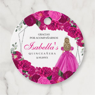 Fuchsia Rosa och Silver Blommigt Quinceanera Circl Gåvor Etiketter