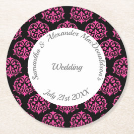 Fuchsia rosa och svart dammbybröllop underlägg papper rund