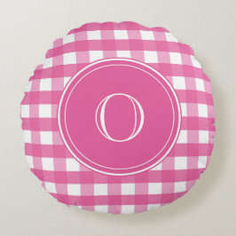 Fuchsia Rosa och White Gingham Monogram Rund Kudde