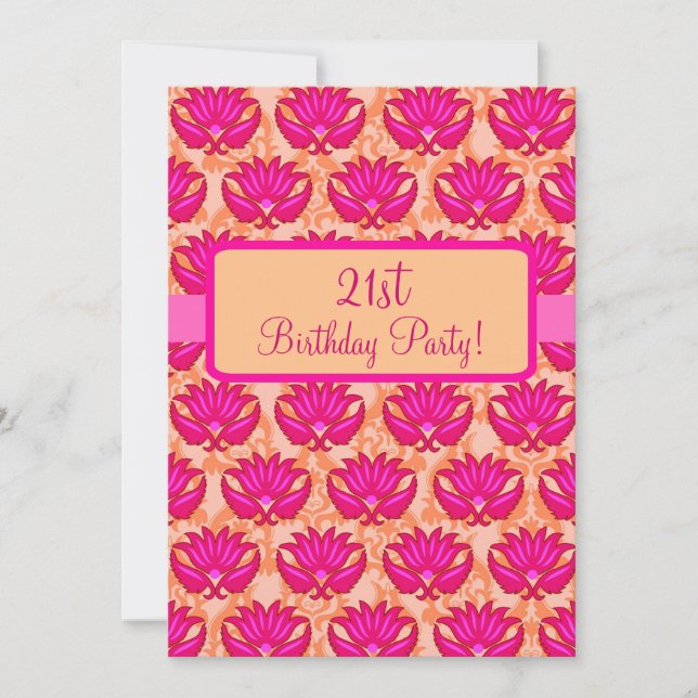 Fuchsia Rosa Orange Damask 21:a födelsedagen Party Inbjudningar (Framsida)
